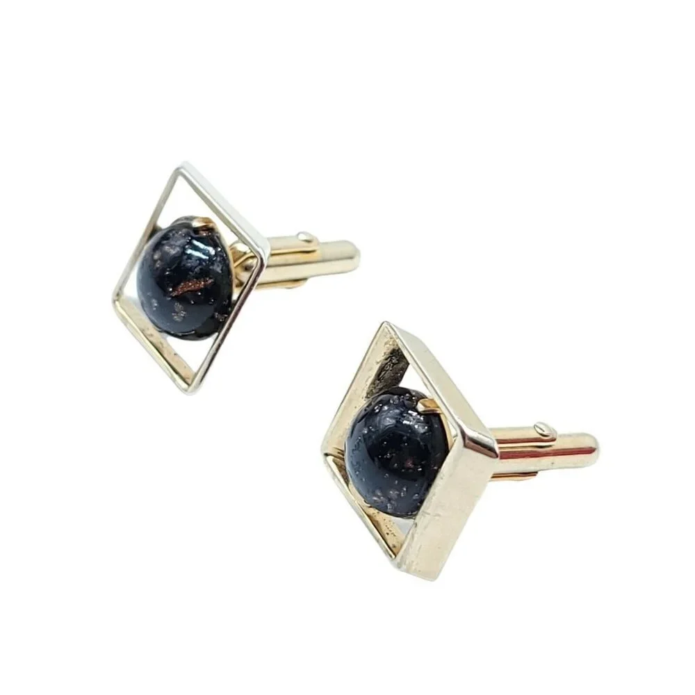 Swank Black Glass Gold Stone Geometric Planet Style Cufflinks Vintage